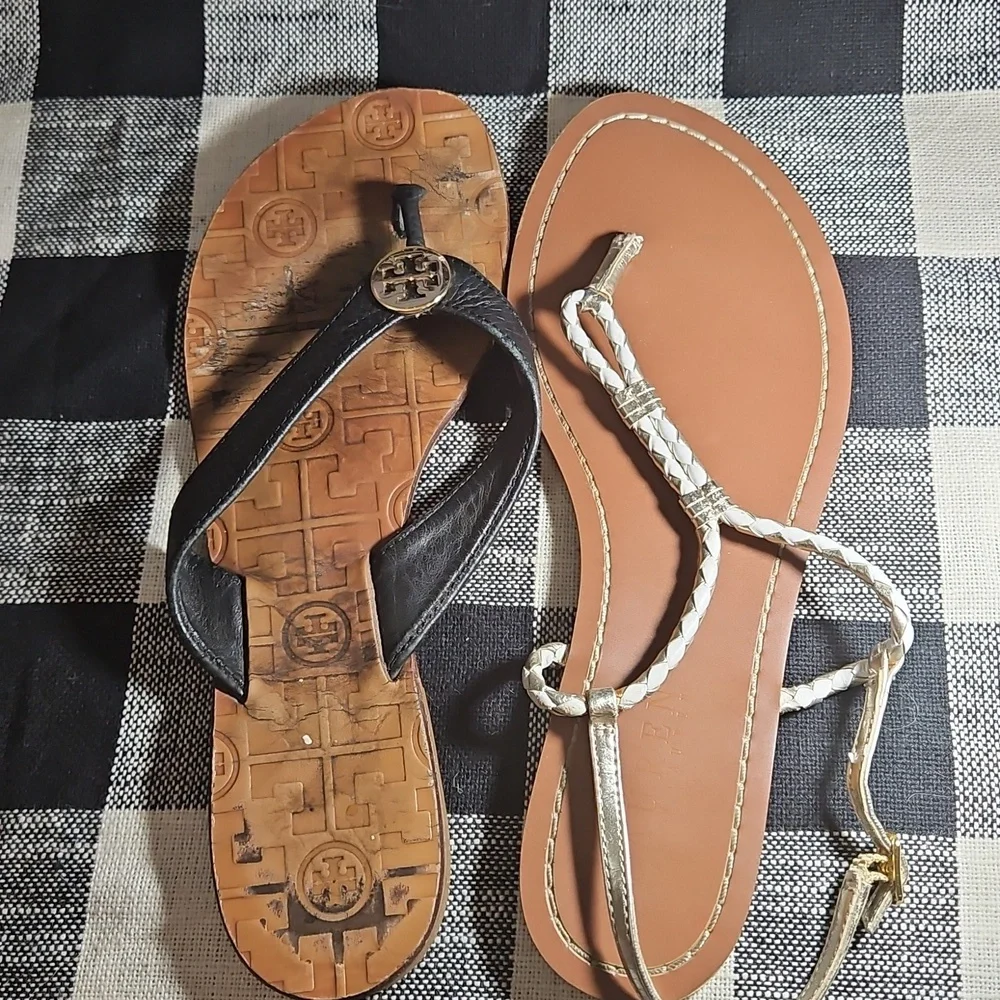 Tory Burch Black Leather/Gold Logo Thong Sandals, WELL Loved, Size 7